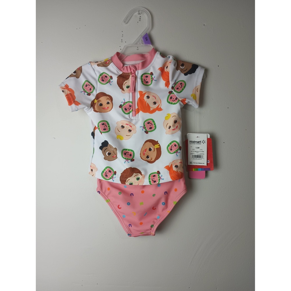 Cocomelon Baby Girls 2PC Rash Guard Swimsuit Set Coral Pink White 12M NWT